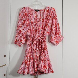 AAkaa Mini Dress Size S Pink Braided Tie Waist Puff Sleeves